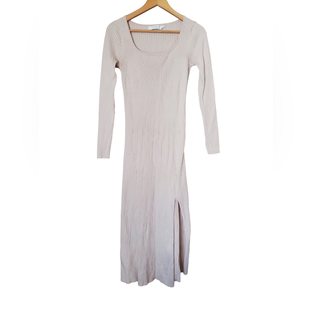 ASTR The Label Hi Slit Midi Dress Cream Long Sleeve Scoop Neck Stretch Sz L